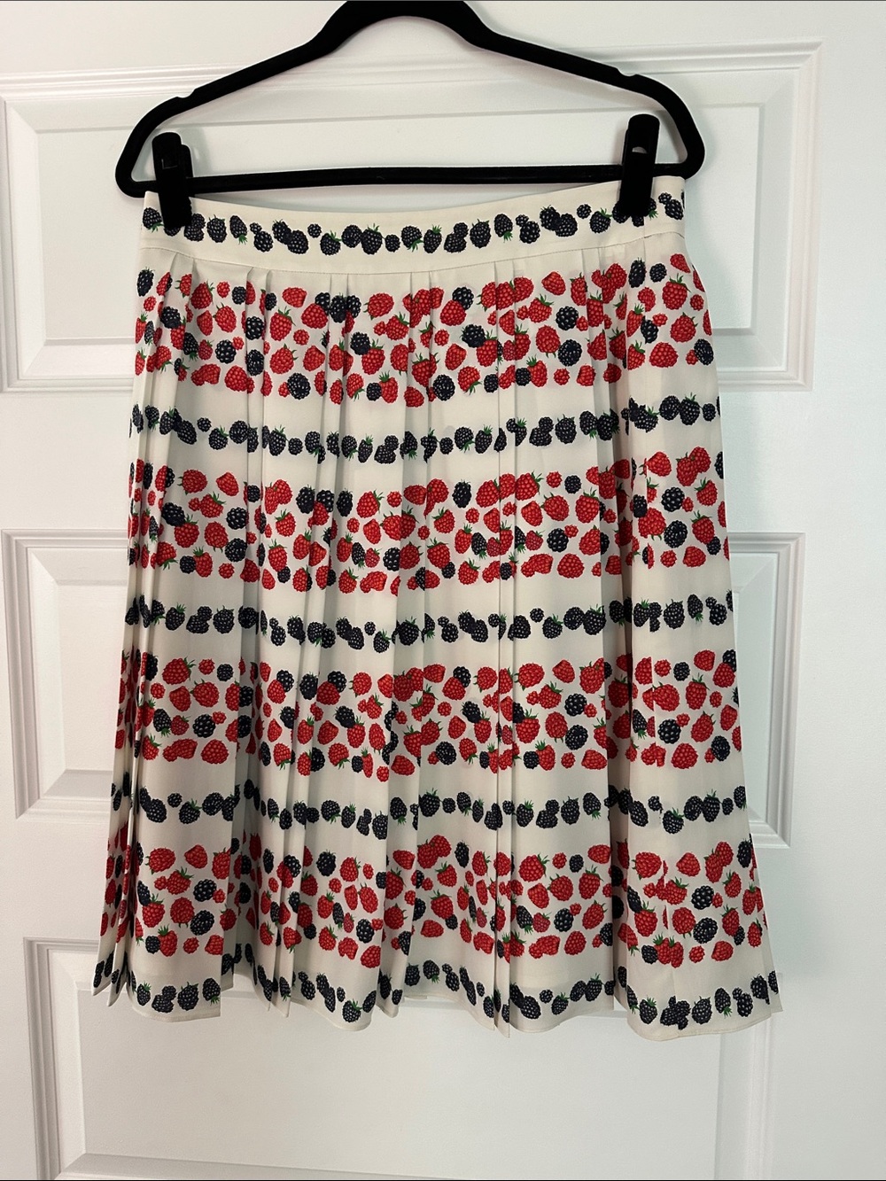 J. Crew Cream Pleated Skirt with Red & Black Berry Motif